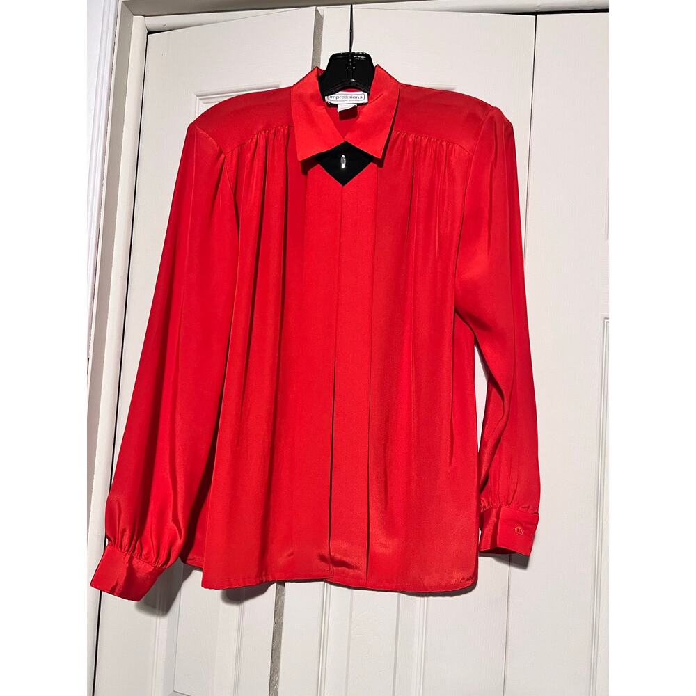 Vintage Impressions California Red Satin Pleated Blouse Sz 10